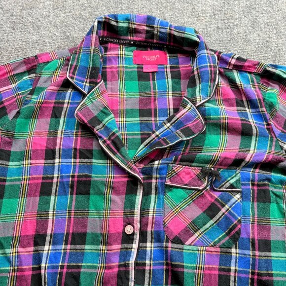 Victorias Secret Top Womens M Plaid Light Flannel Nightshirt Pocket Drawstring - Picture 9 of 15